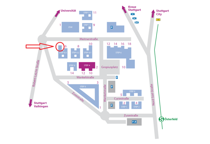 Die Grafik zeigt einen Plan der anzeigt wo die Schulungsräume von Scrum-Events im Stuttgart Engineering Park liegen.